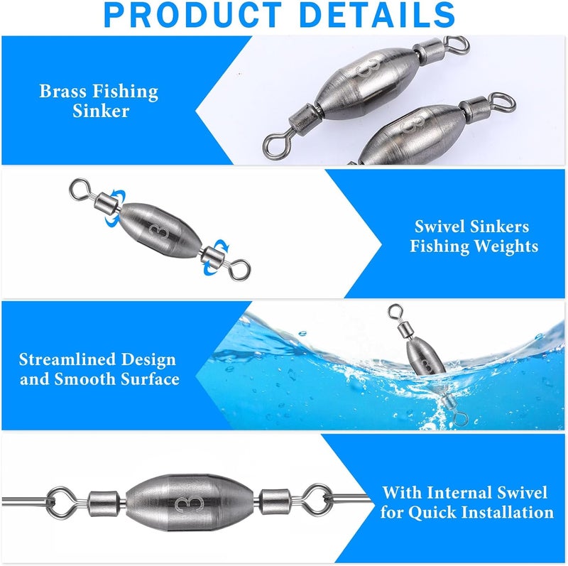 Seenelling 20 Pcs Brass Fishing Sinker Swivel Fishing Weights Saltwater Bullet Sinkers Drop Shot Weight Egg Sinkers with Swivel Rolling Removable Freshwater - Image 5